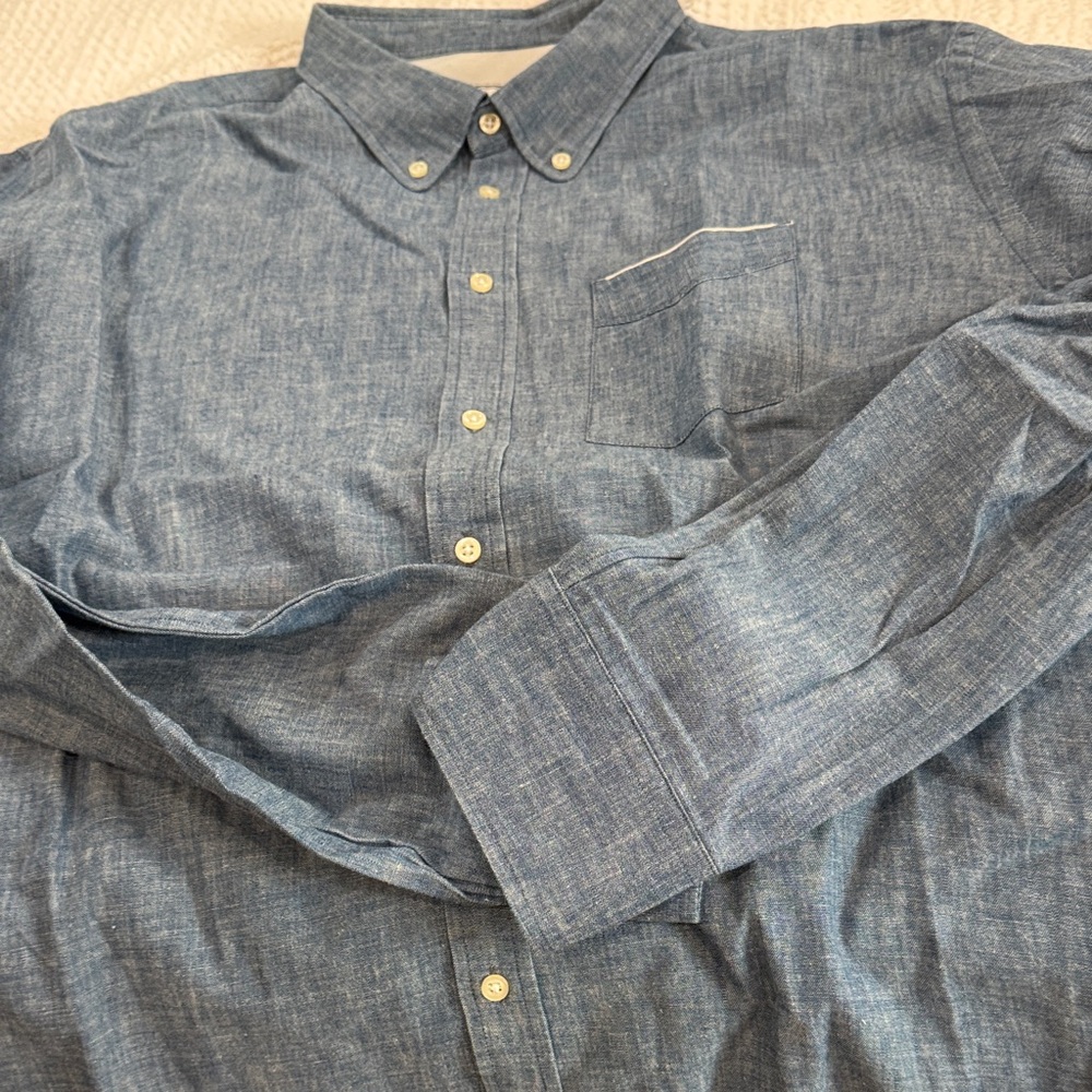 Officine Generale Chambray Blue Button-Down Shirt With Pocket & Rounded Collars